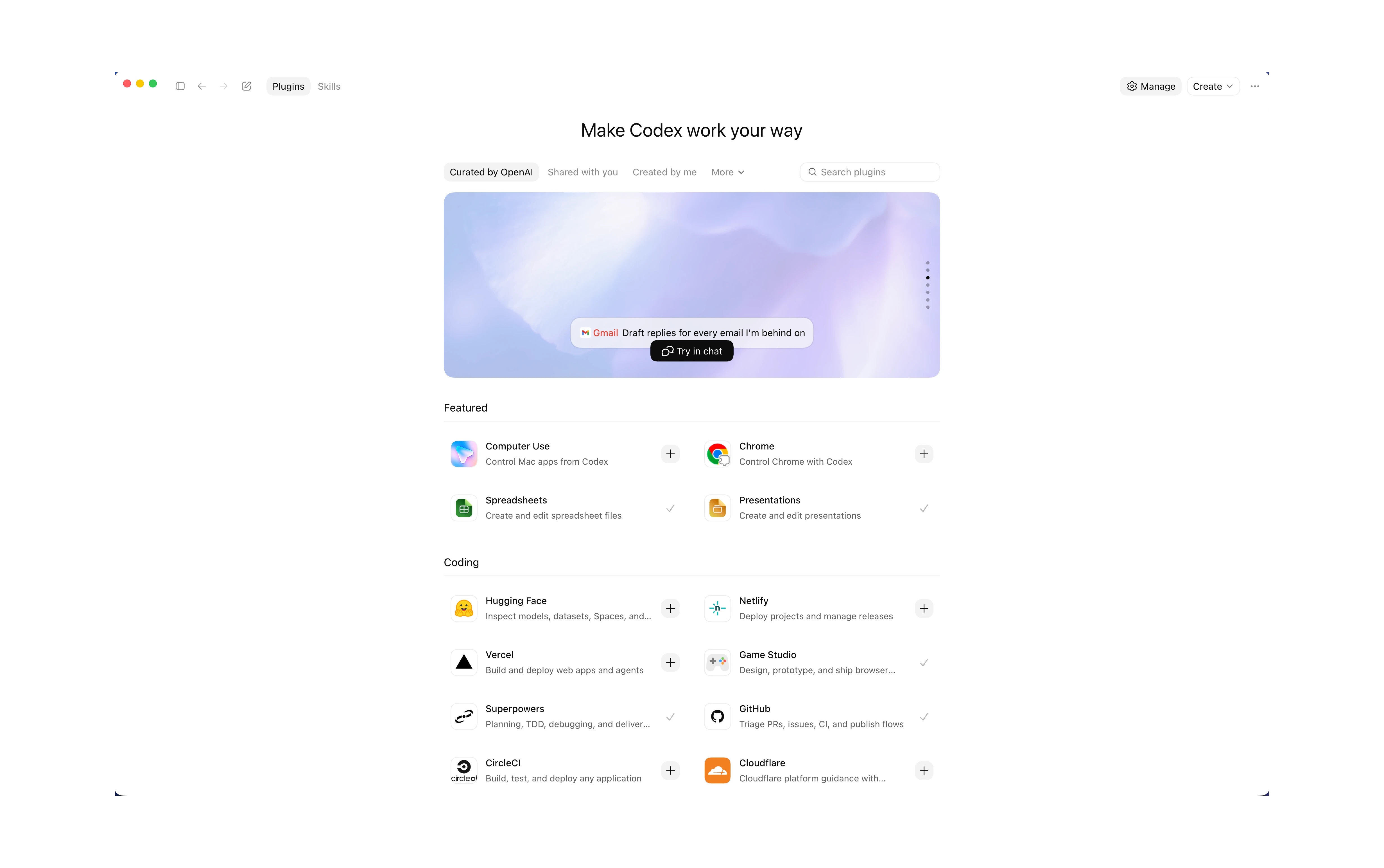 OpenAI plugin directory showing OpenAI, workspace, and personal plugin sources
