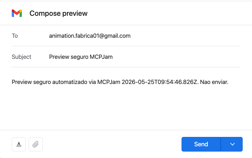 Gmail Compose MCP app preview showing the exact recipient, subject, message body, and a Send action