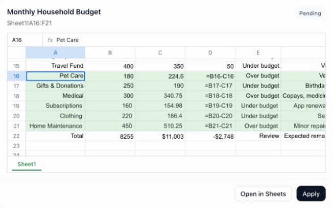 Google Sheets MCP app visual diff review widget